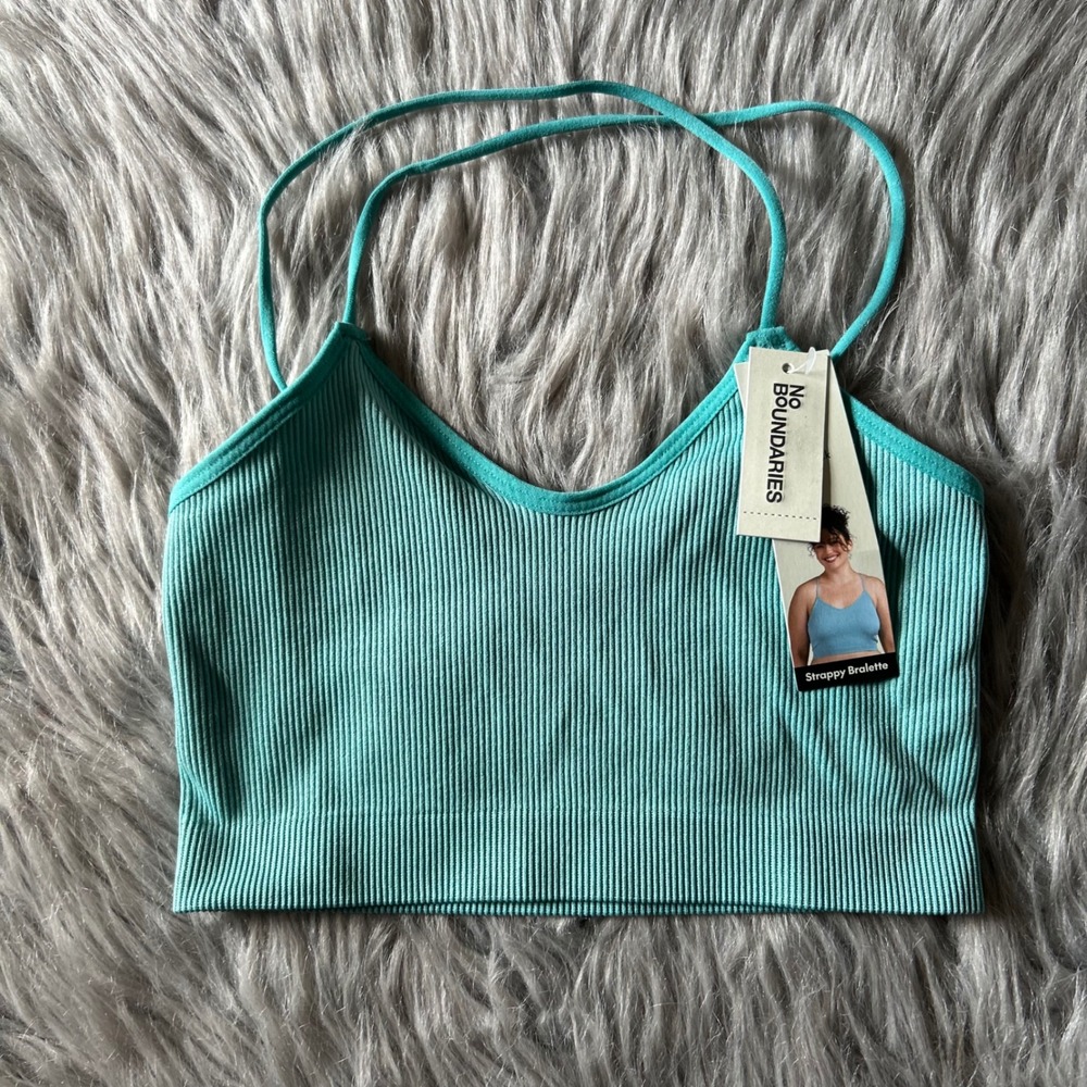 No Boundaries Strappy Bralette Womens Size XS‎ Blue Ribbed Crossback Bra